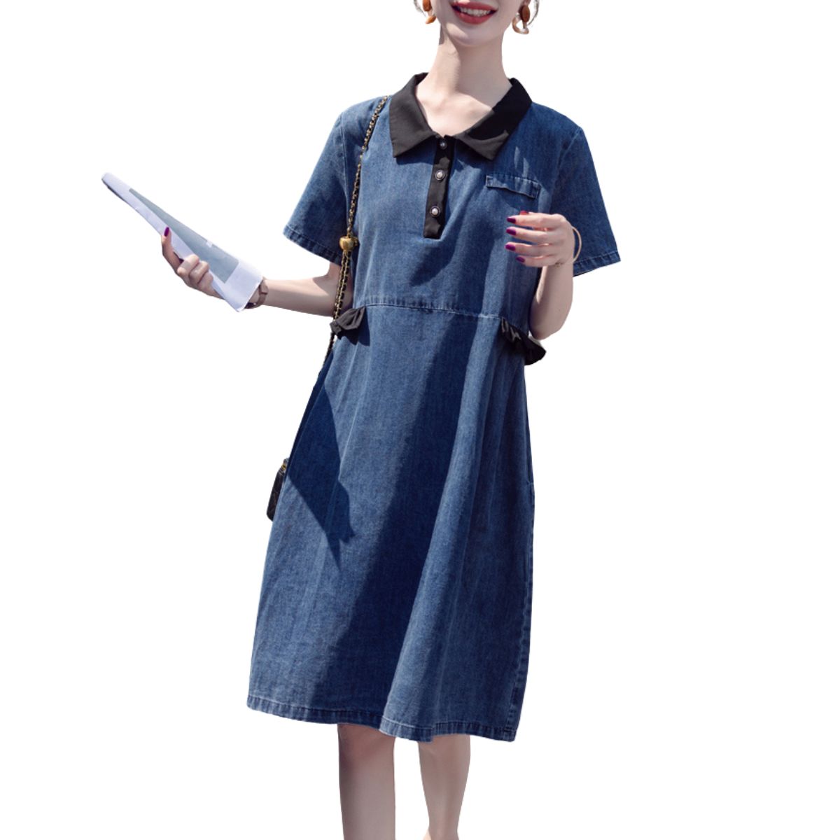 Patchwork Short-Sleeve Denim Shirtdress