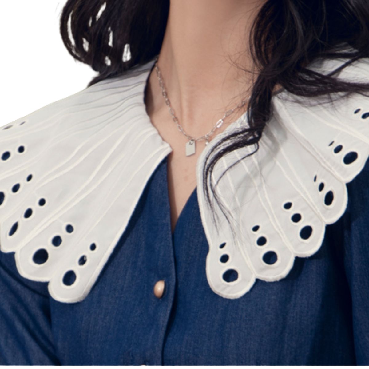 Butterfly Collar Puff Sleeve Denim Midi Dress
