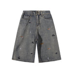 Dog Embroidery Design Vintage Washed Denim Shorts