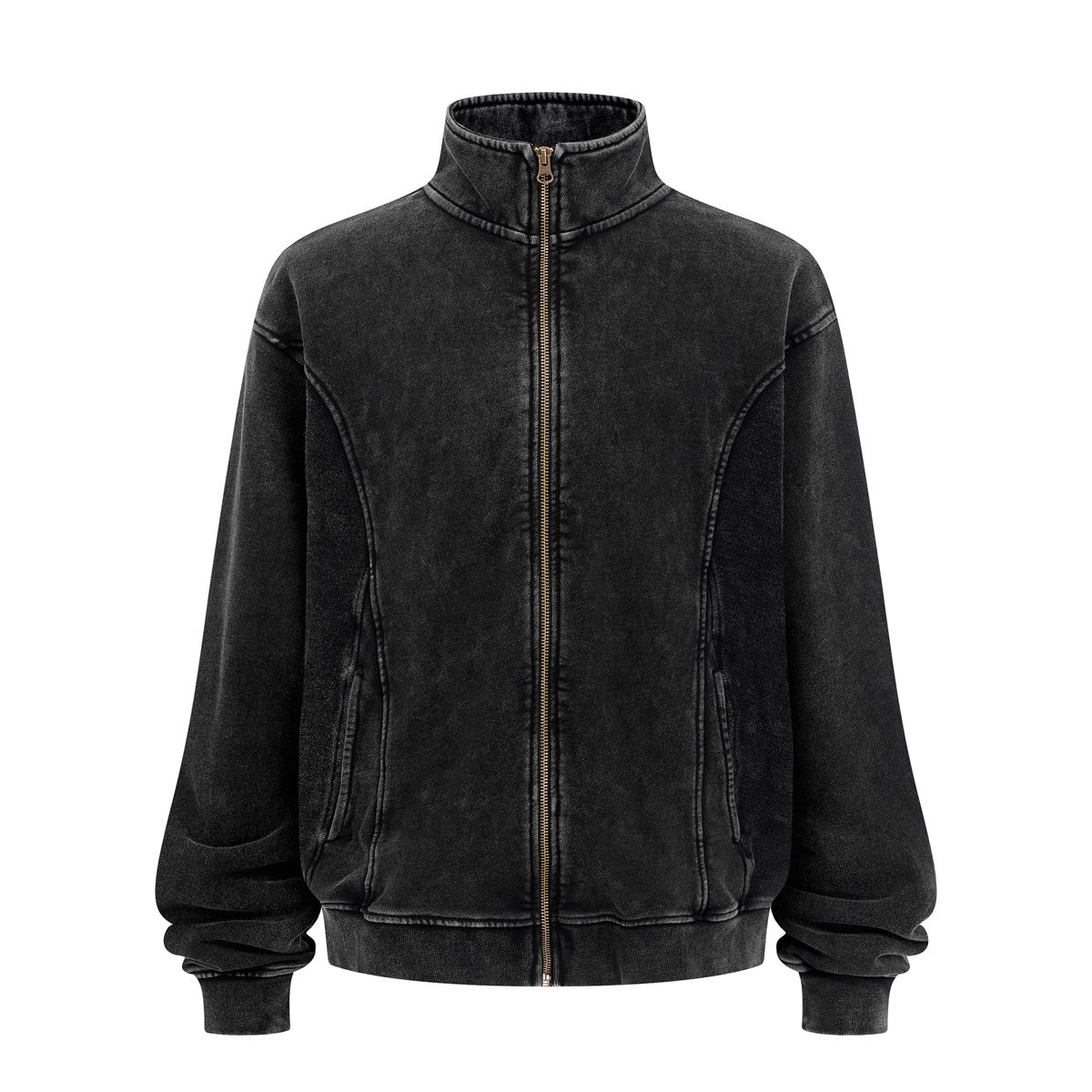 Stand Collar Panel Detail Washed Zip Up Sweatshirt