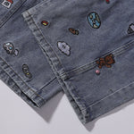 Embroidered Blue Wide Leg Distressed Denim Jeans