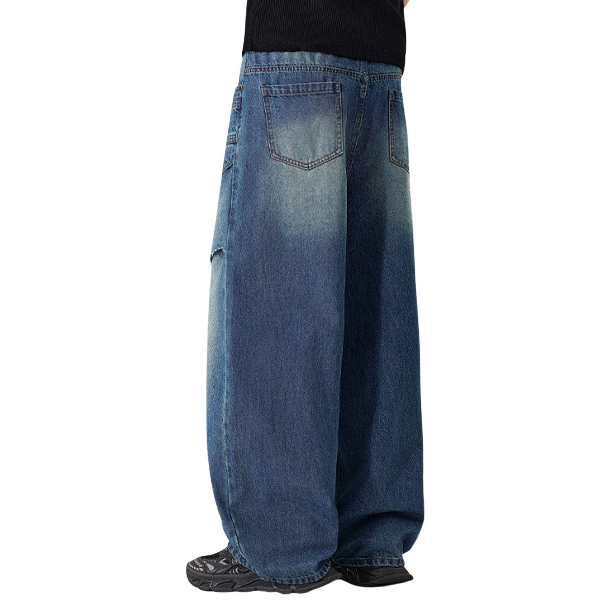 Vintage Wash Faux Layered Baggy Curved Leg Denim Jeans