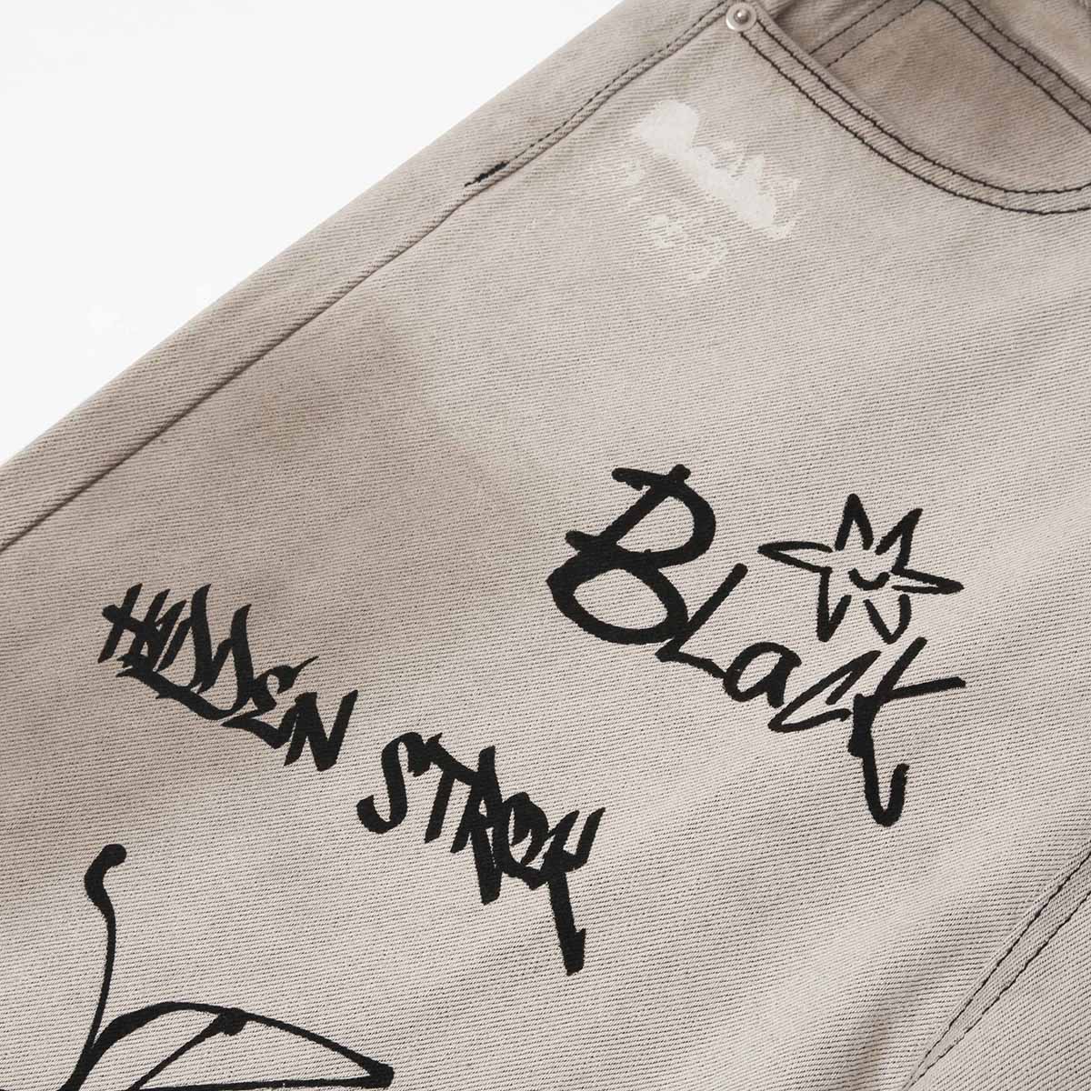 Graffiti Print Washed Wide-Leg Jeans