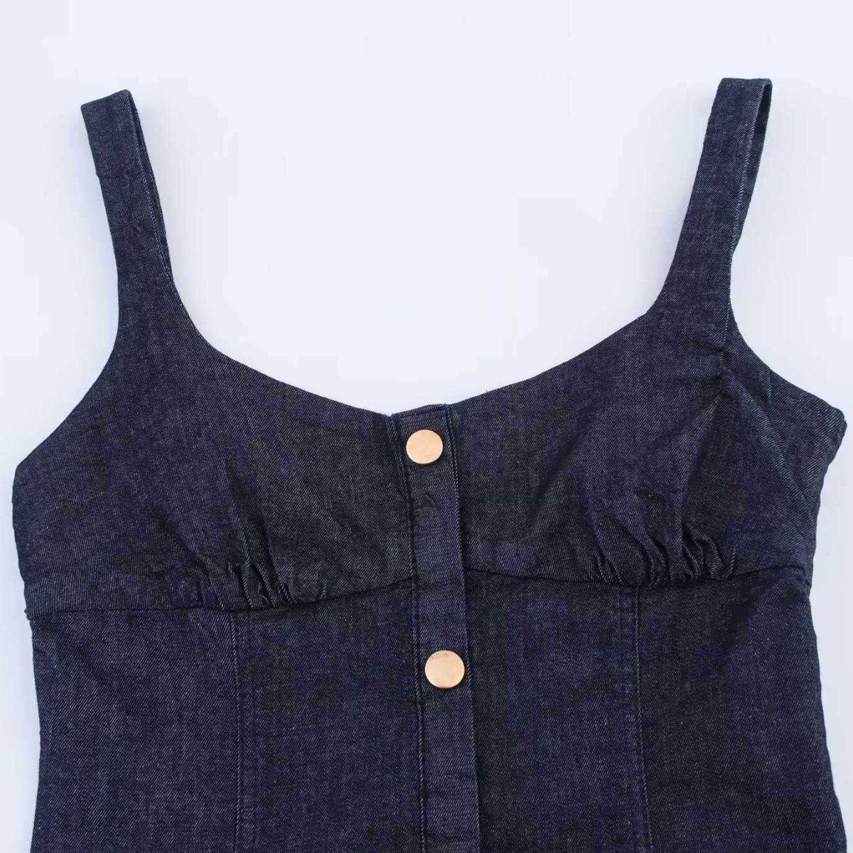 Decorative Button Strappy Denim Maxi Dress