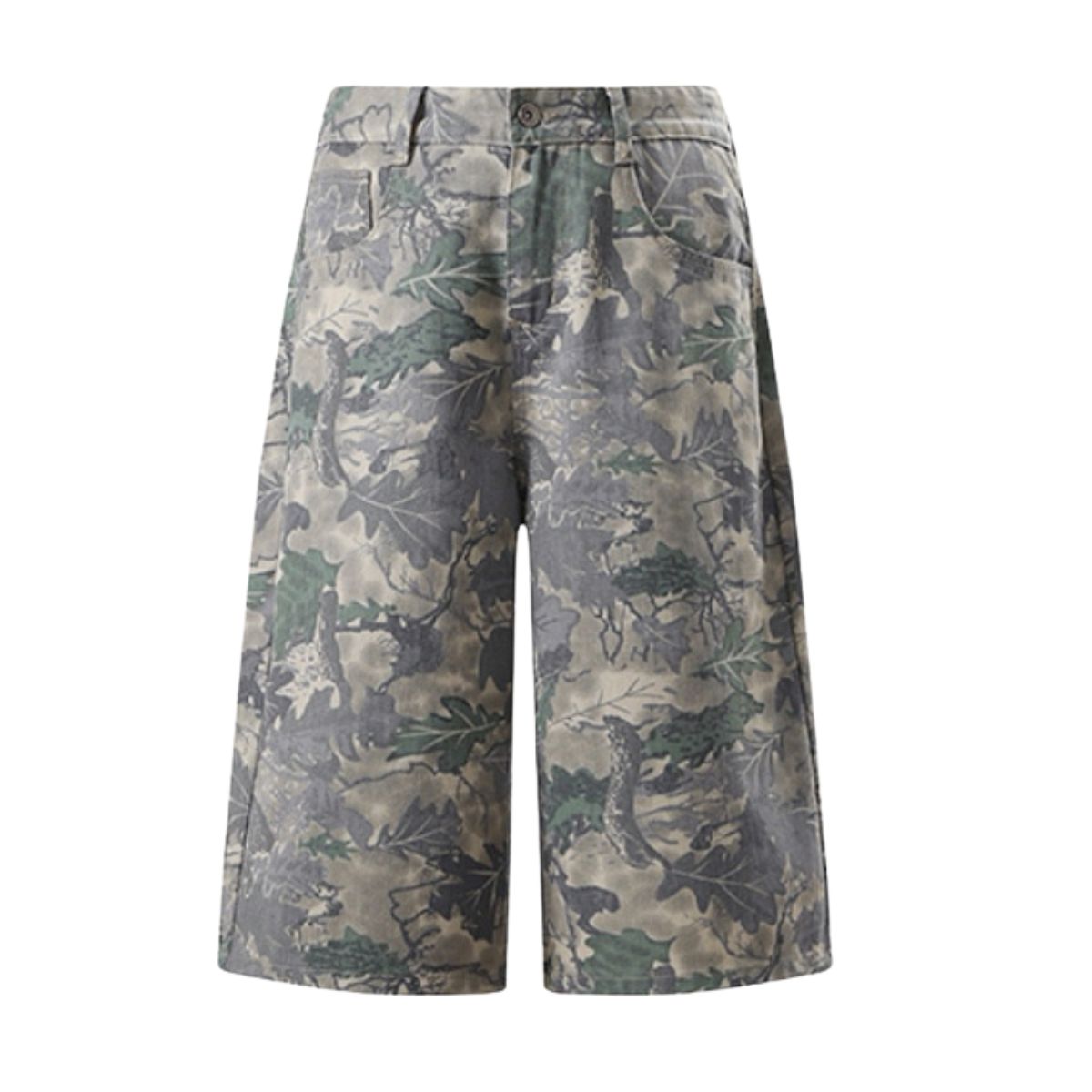 Camo Print Relaxed Fit Denim Capri Shorts
