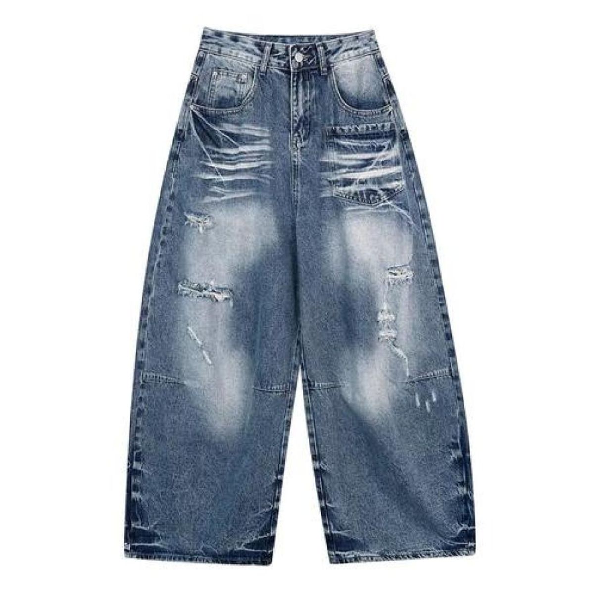 Distressed Pocket Barrel Leg Denim Jeans