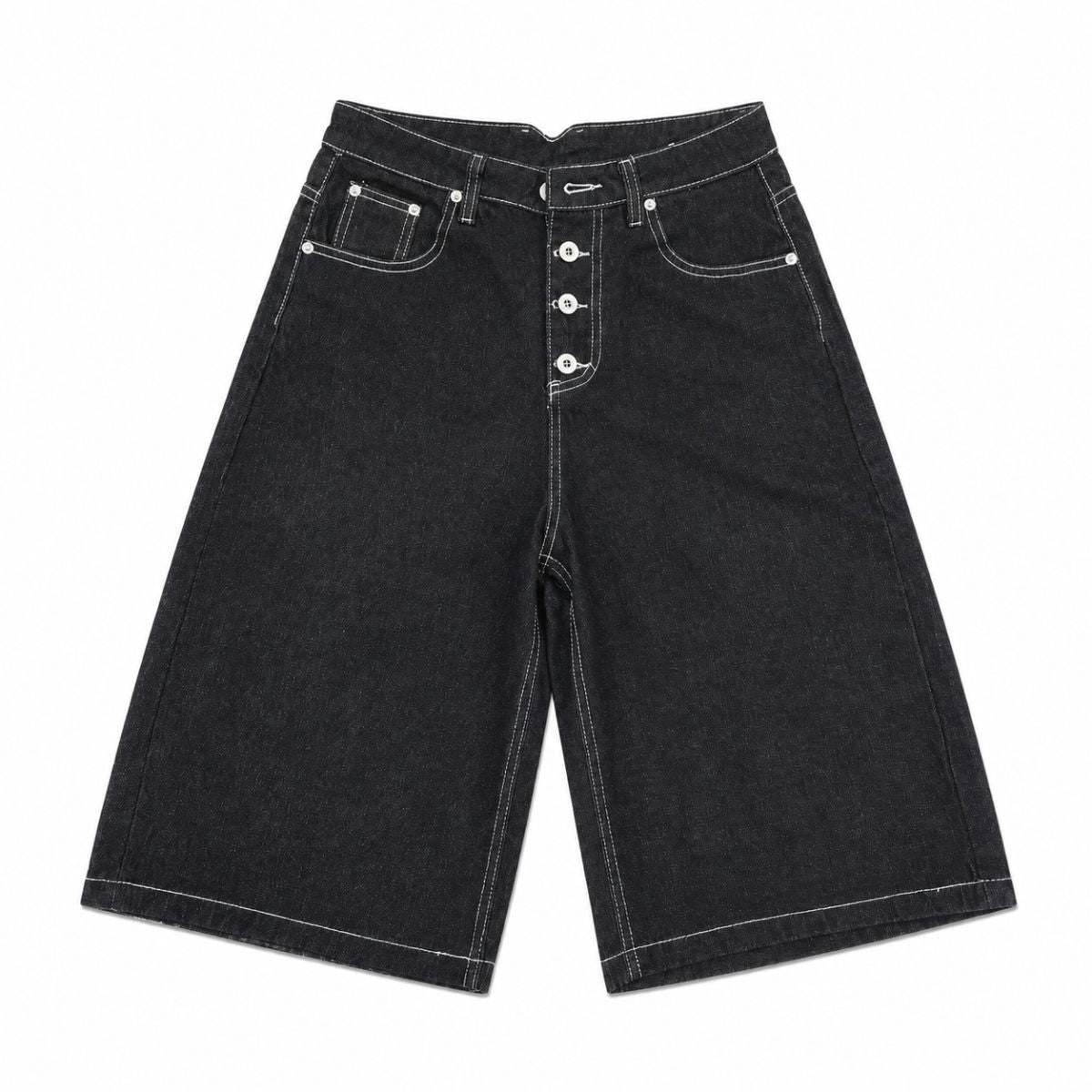 Button Fly Raw Black Denim Shorts
