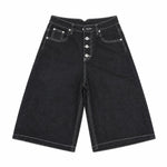 Button Fly Raw Black Denim Shorts