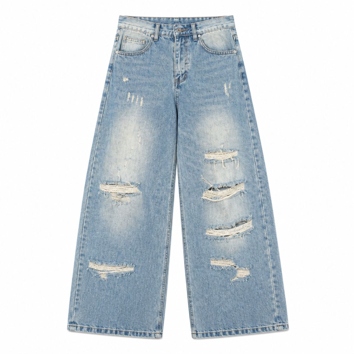 Heavy Distressed Curved Wide Leg Denim Jeans