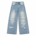 Heavy Distressed Curved Wide Leg Denim Jeans