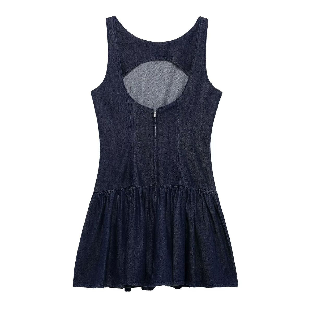 Low-Cut Back Ruffle Mini Denim Dress