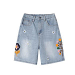 Floral Embroidery Washed Denim Shorts