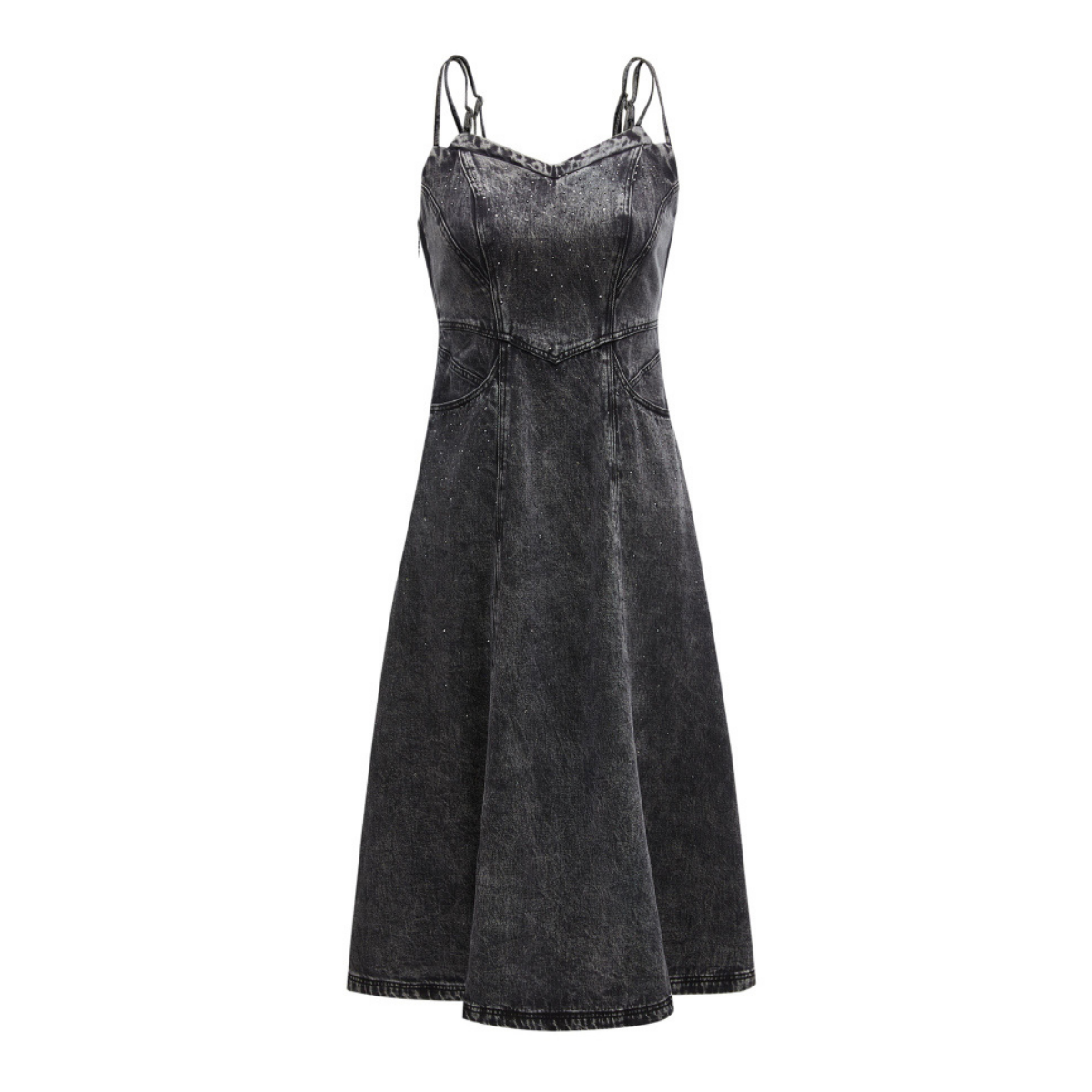 Rhinestone-Embellished Dual-Strap Denim Dress
