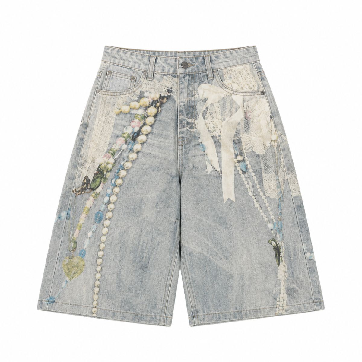 Vintage Graphic Print Relaxed Fit Denim Capri Shorts