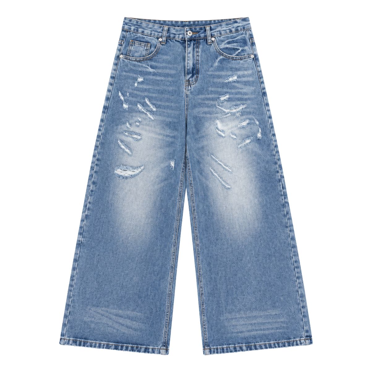 Bleached Rip Curved Wide Leg Denim Jeans