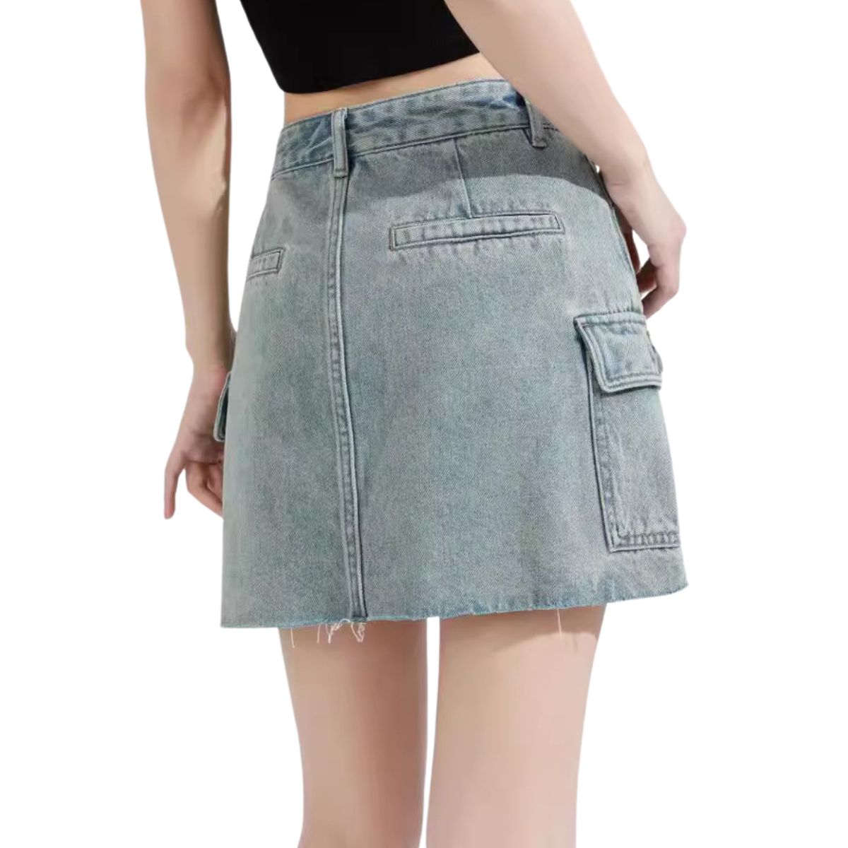 Raw Hem Cargo Denim Mini Skirt