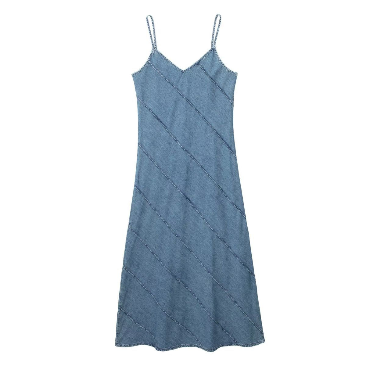 Diagonal Stitching Denim Spaghetti Strap Dress