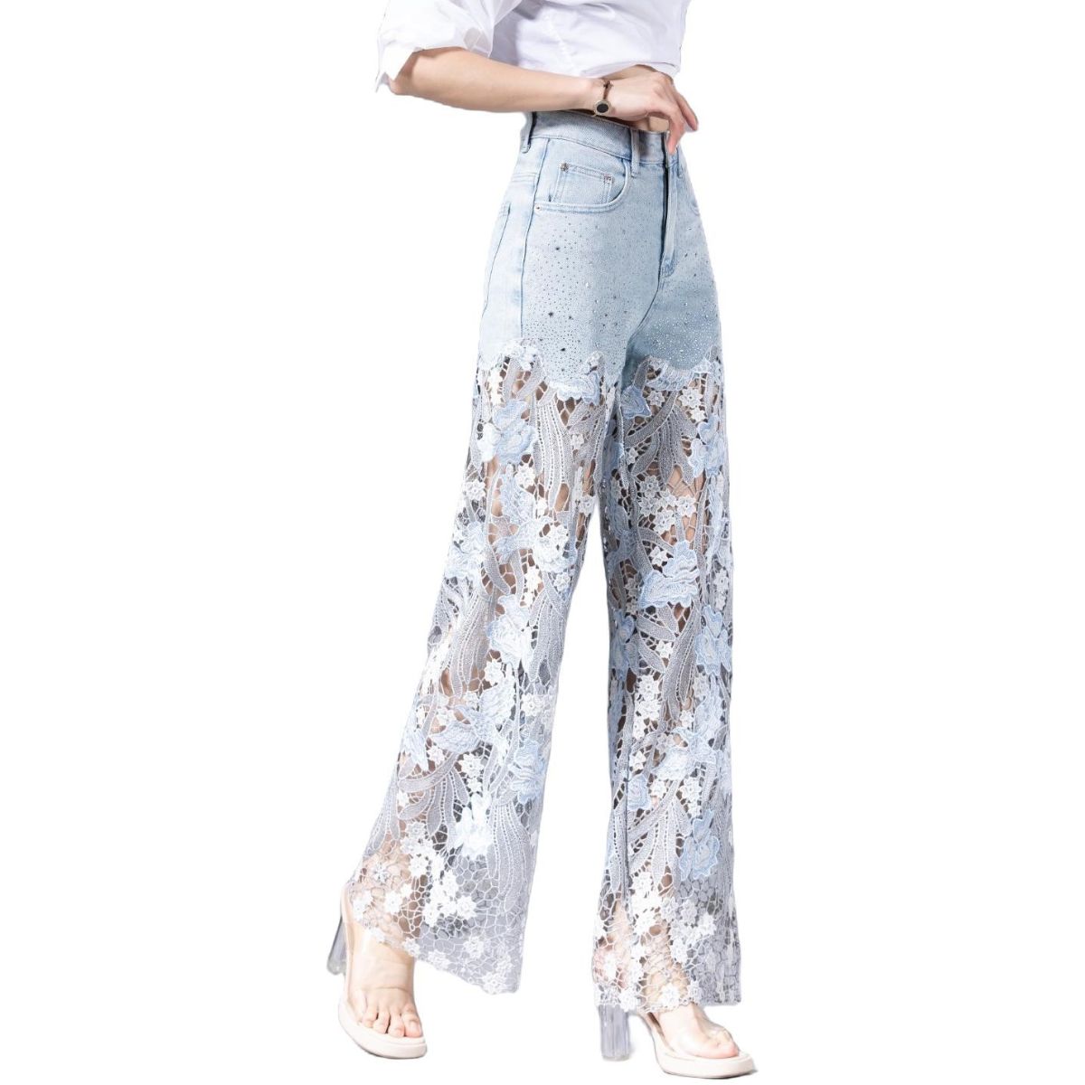 Rhinestones & Sequins Cut-Out Wide-Leg Jeans