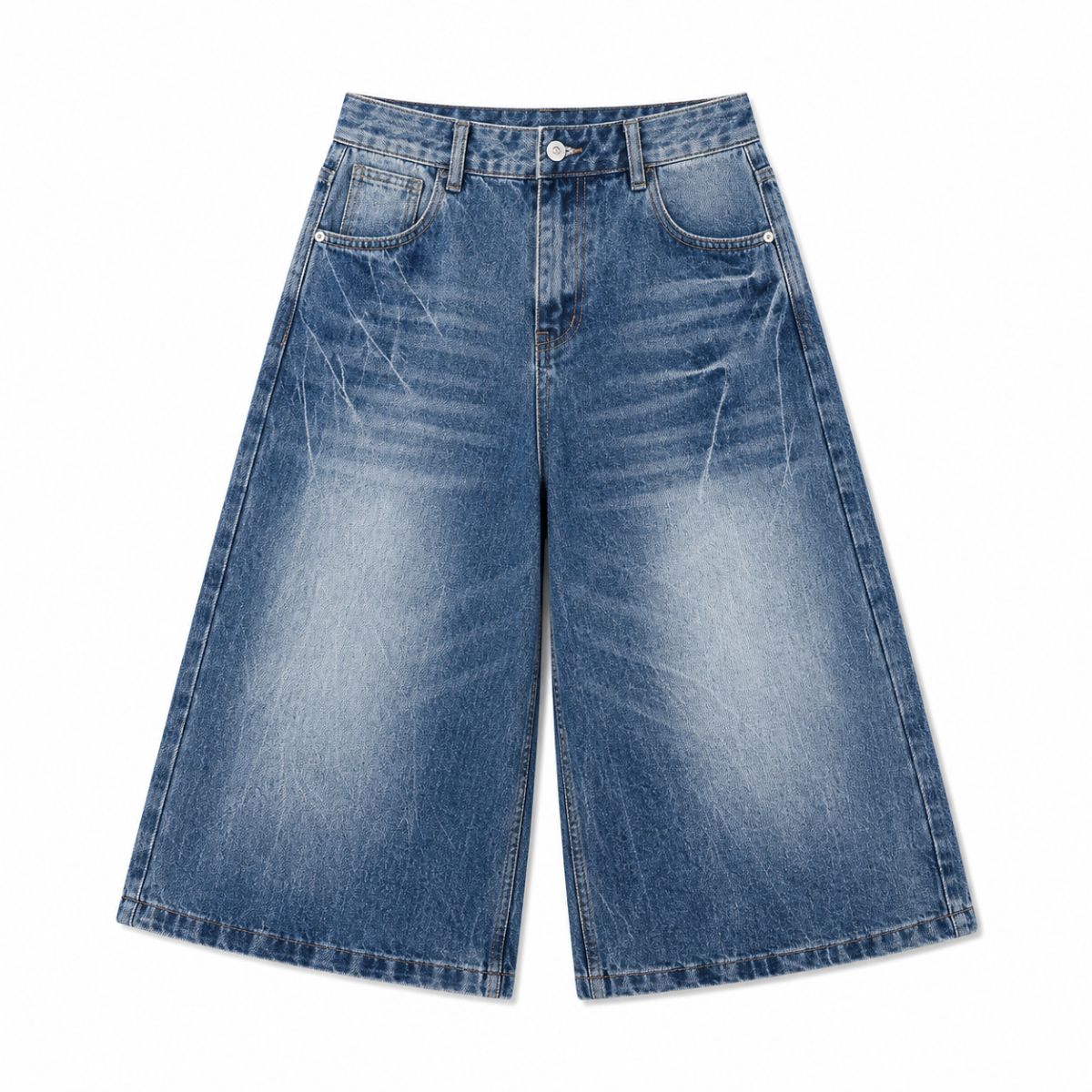 Vintage Scratched Wash Wide Leg Denim Shorts