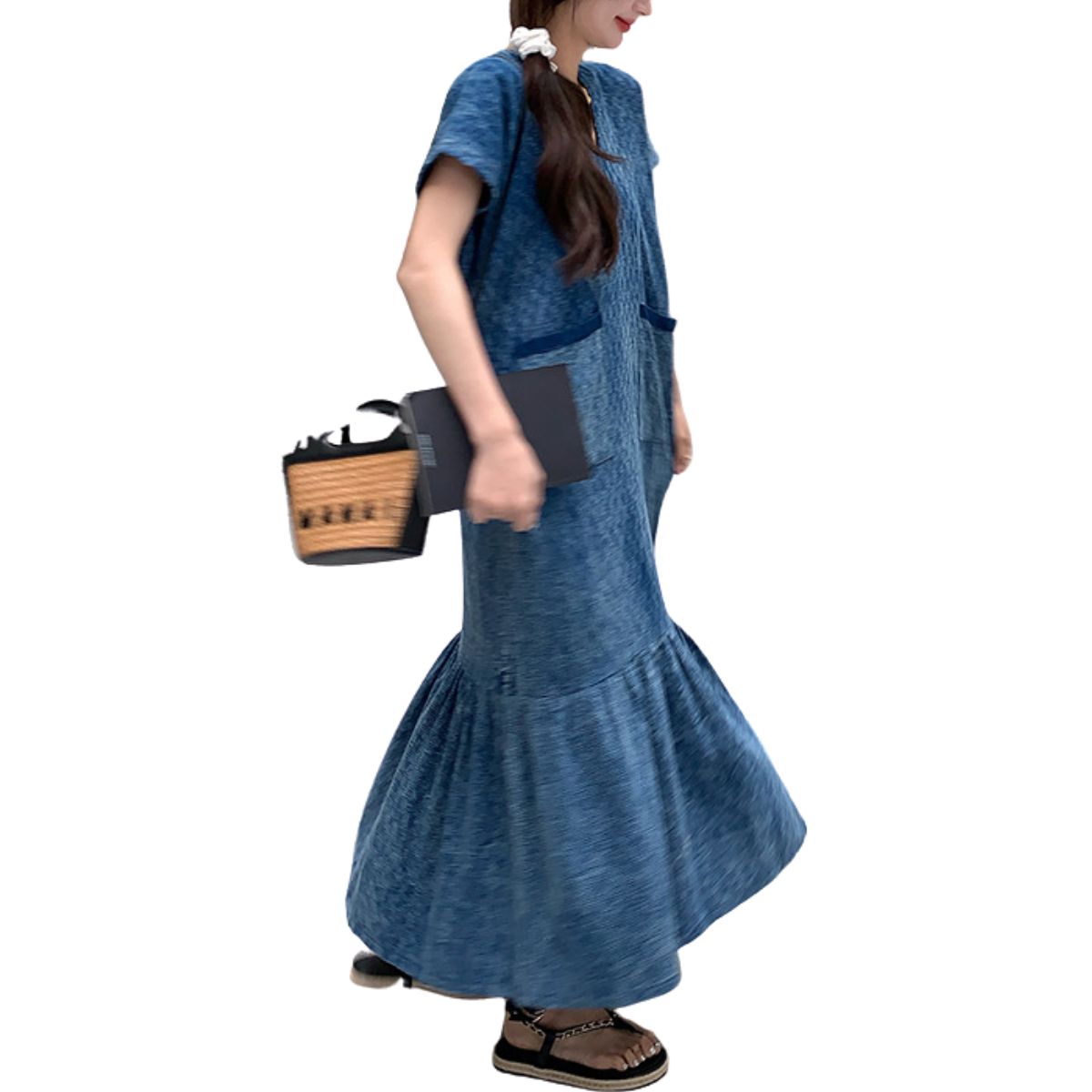 Jacquard Oversized Short-Sleeve Denim Mididress