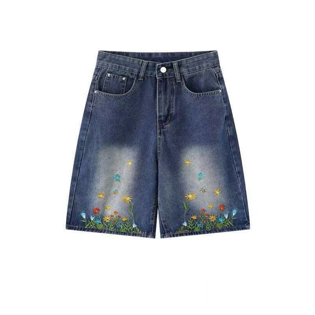 Floral Embroidery Washed Denim Shorts
