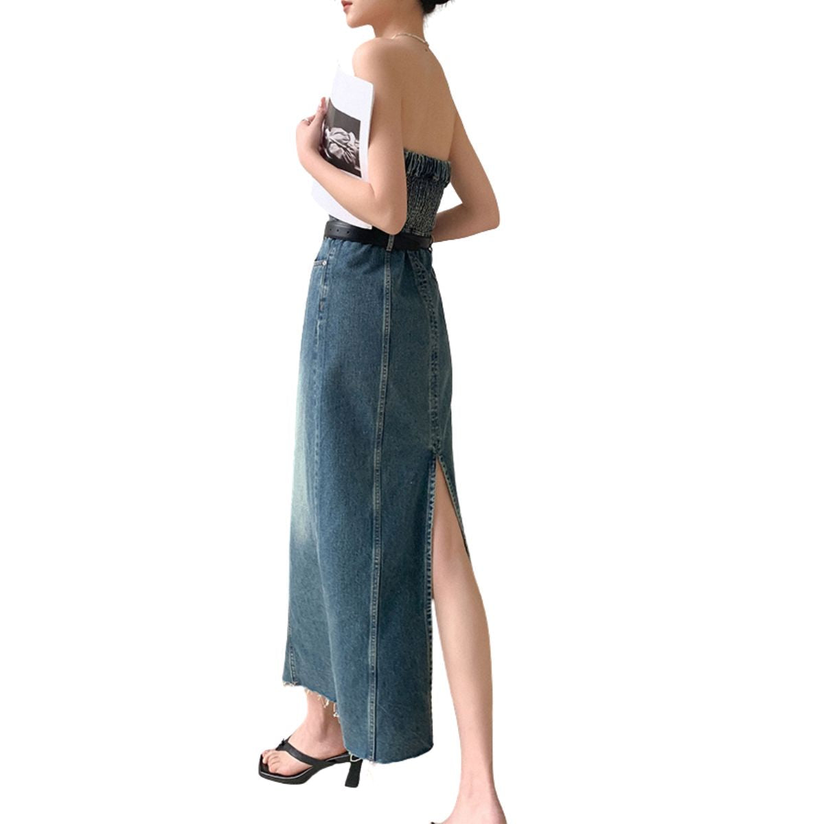 Vintage Wash Denim Belted Strapless Midi Dress