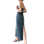 Vintage Wash Denim Belted Strapless Midi Dress