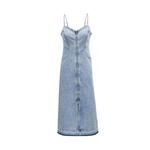 Zip-Front Spaghetti Strap Denim Midi Dress