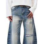 Washed Gradient Distressed Curved Leg Wide Denim Jeans
