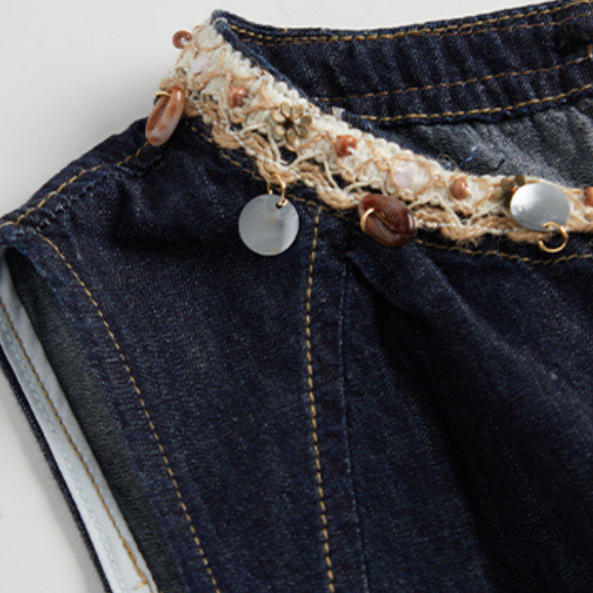 Beaded Neckline Sleeveless Denim Belted Dress