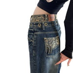 Vintage Washed Double-Waist Wide-Leg Denim Jeans