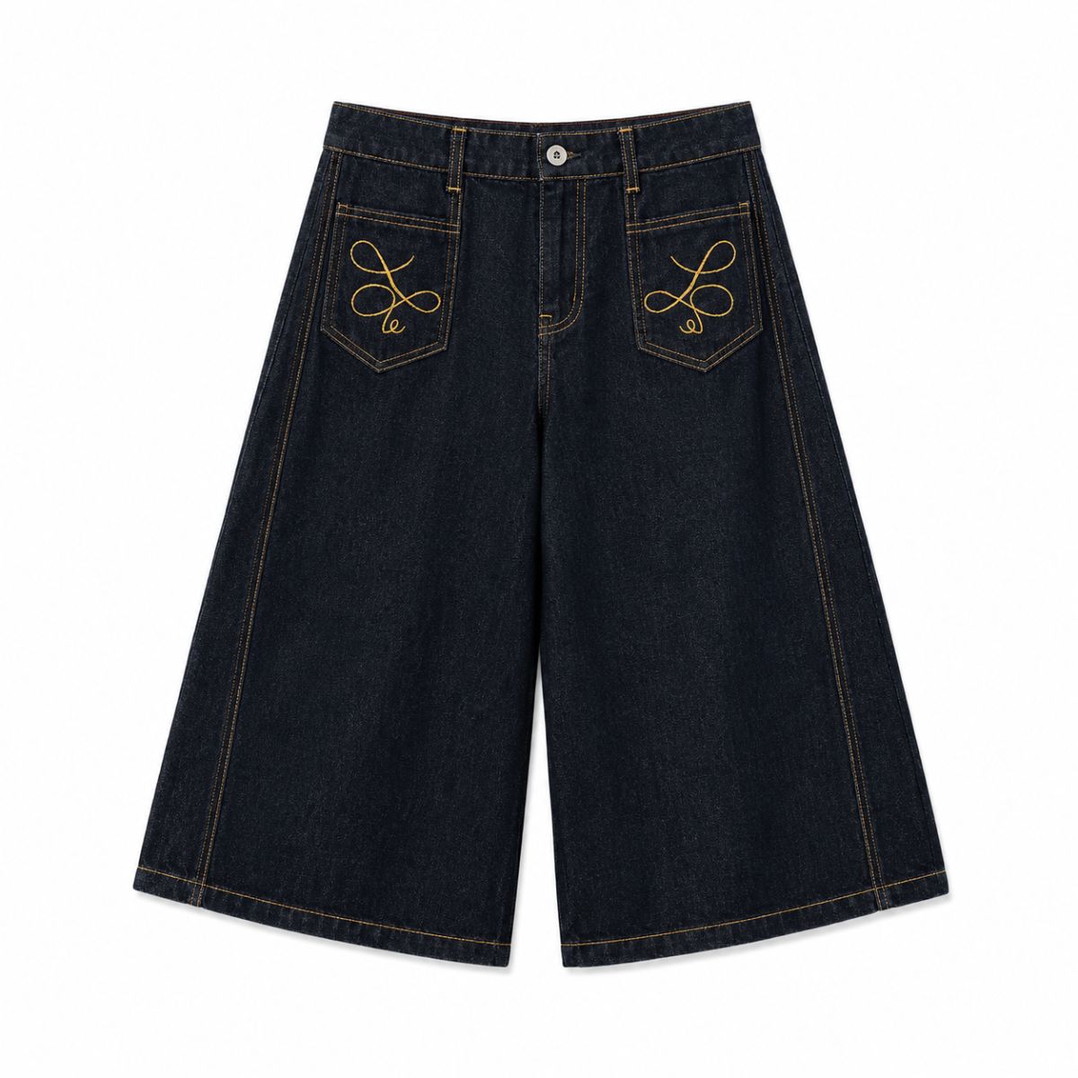 Embroidered Pocket Indigo Denim Shorts