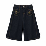 Embroidered Pocket Indigo Denim Shorts