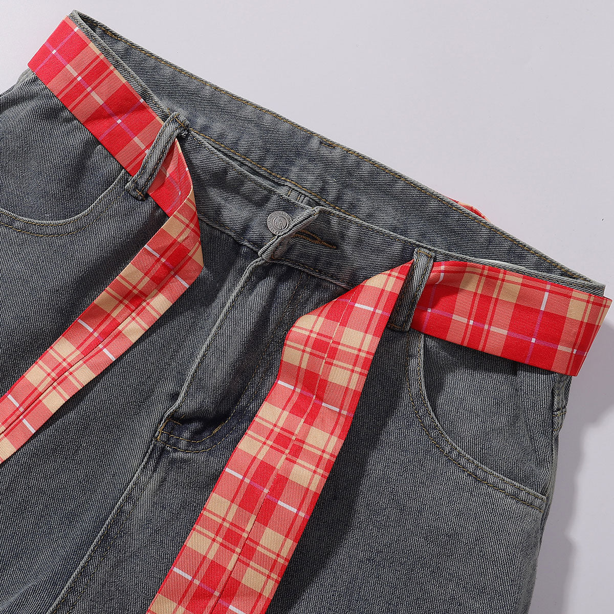 Plaid Trim Star Patched Wide Leg Denim Jeans