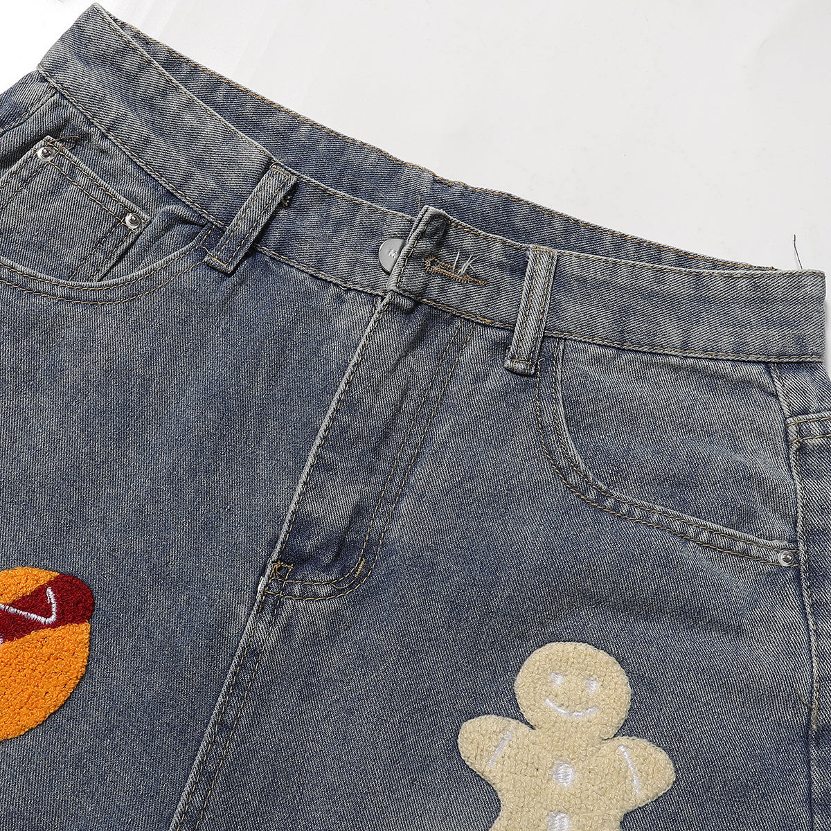 Cartoon Food Embroidery Fun Streetwear Denim Shorts