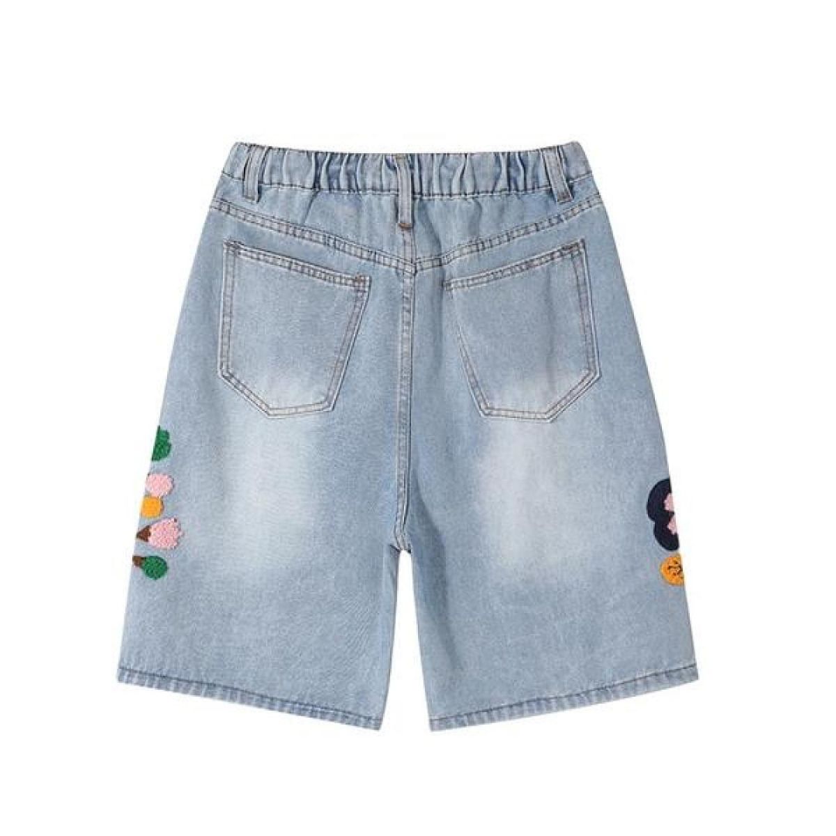 Floral Embroidery Washed Denim Shorts