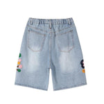 Floral Embroidery Washed Denim Shorts