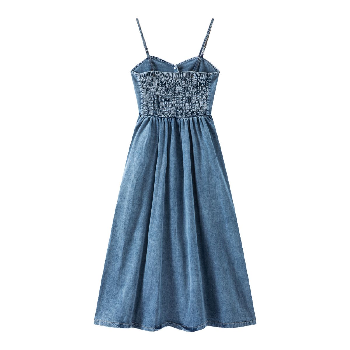 Button-Front Smocked Denim Midi Dress