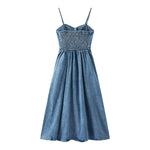 Button-Front Smocked Denim Midi Dress