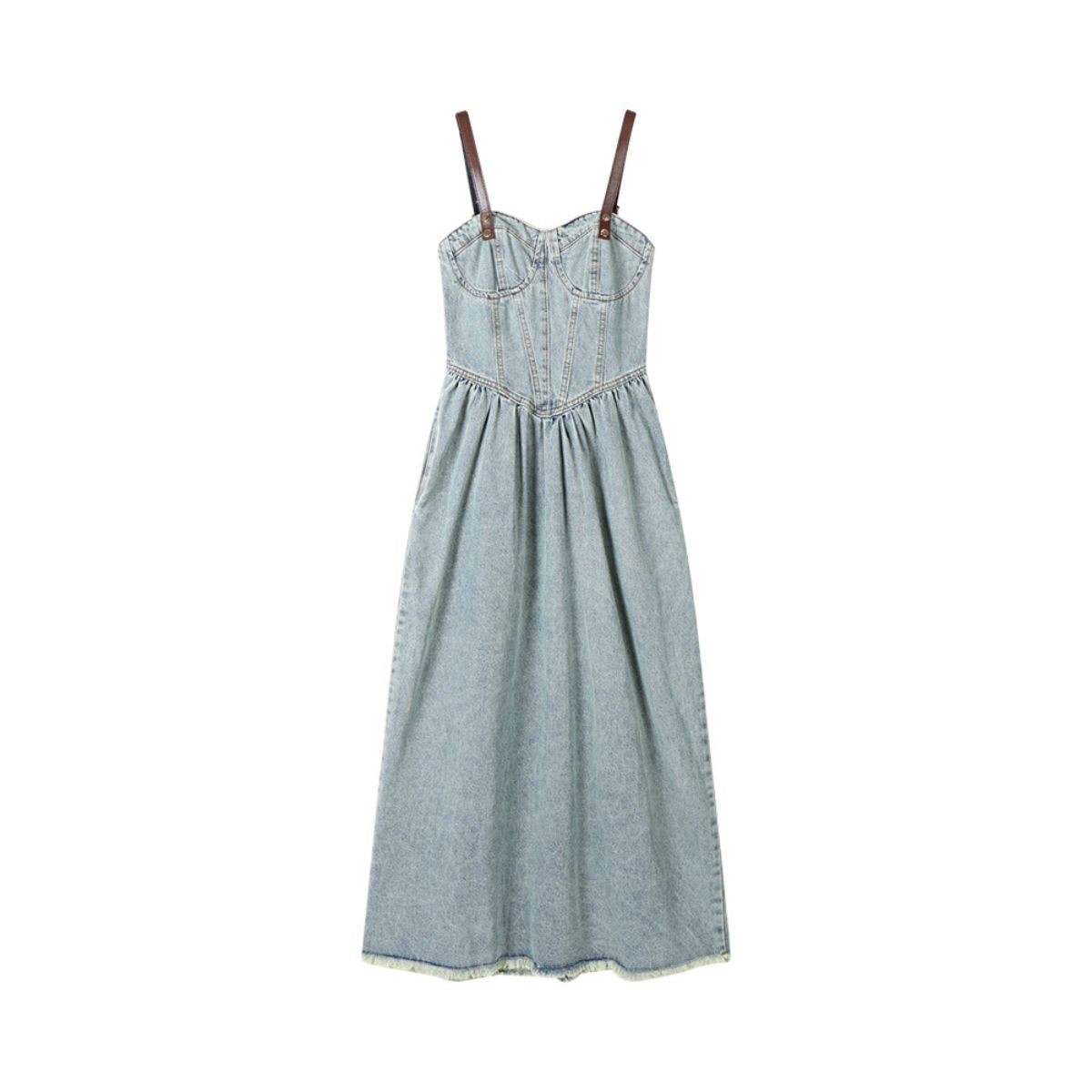 Sweetheart Collar Strappy Denim Midi Dress