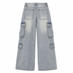 Vintage Wash Multi-Pocket Cargo Straight Leg Denim Jeans