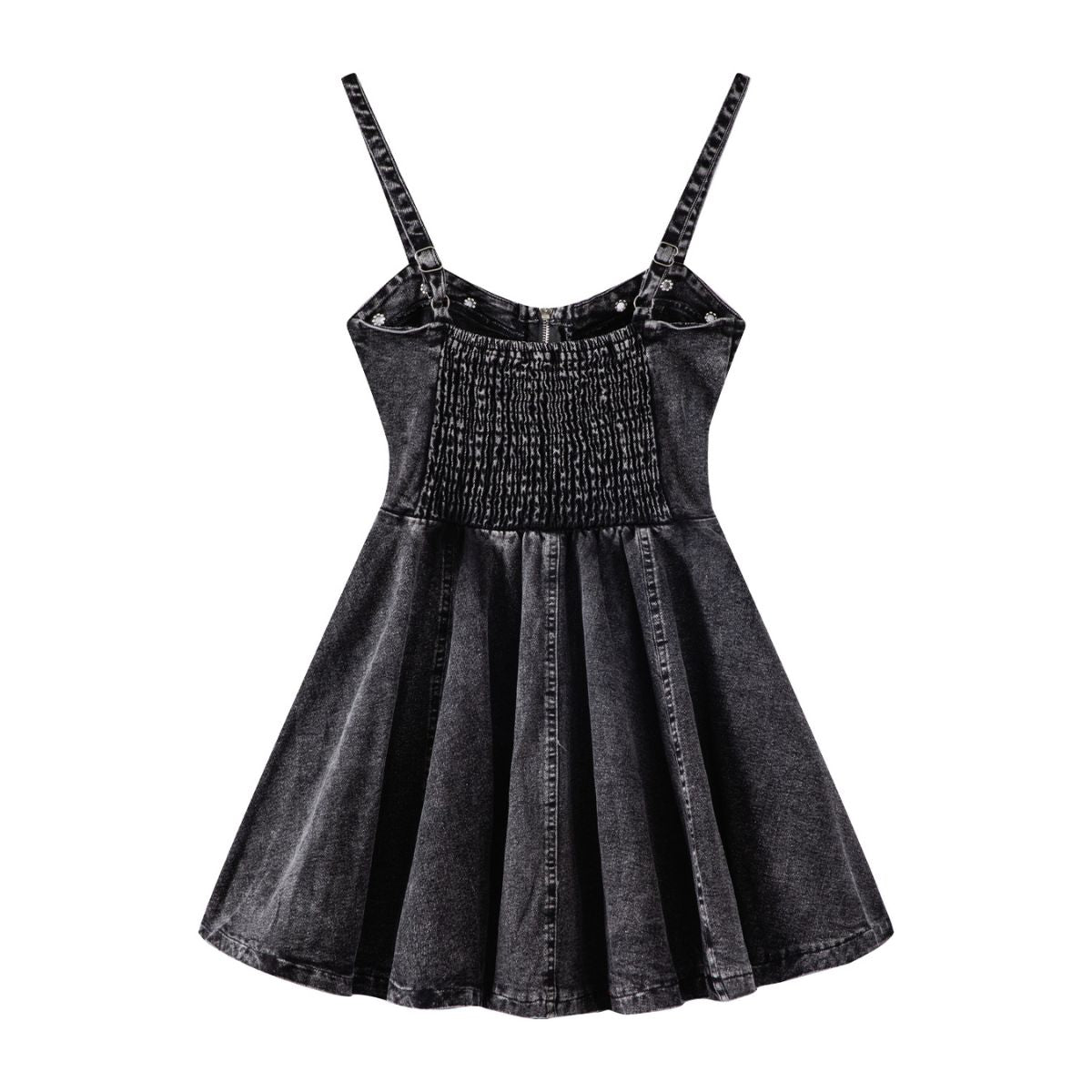 Front-Zip Smocked Denim Mini Dress