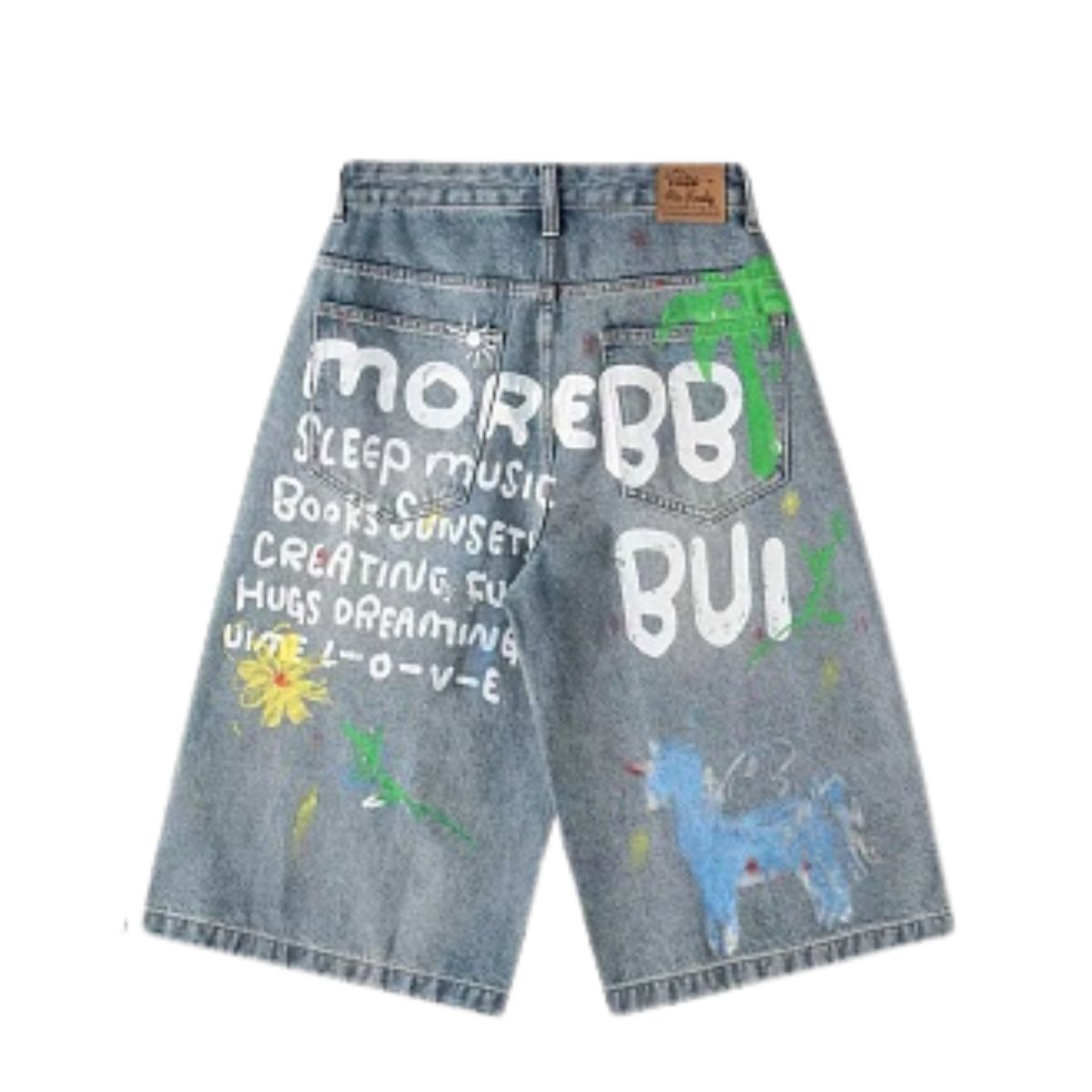 Graffiti Print Loose Fit Denim Shorts