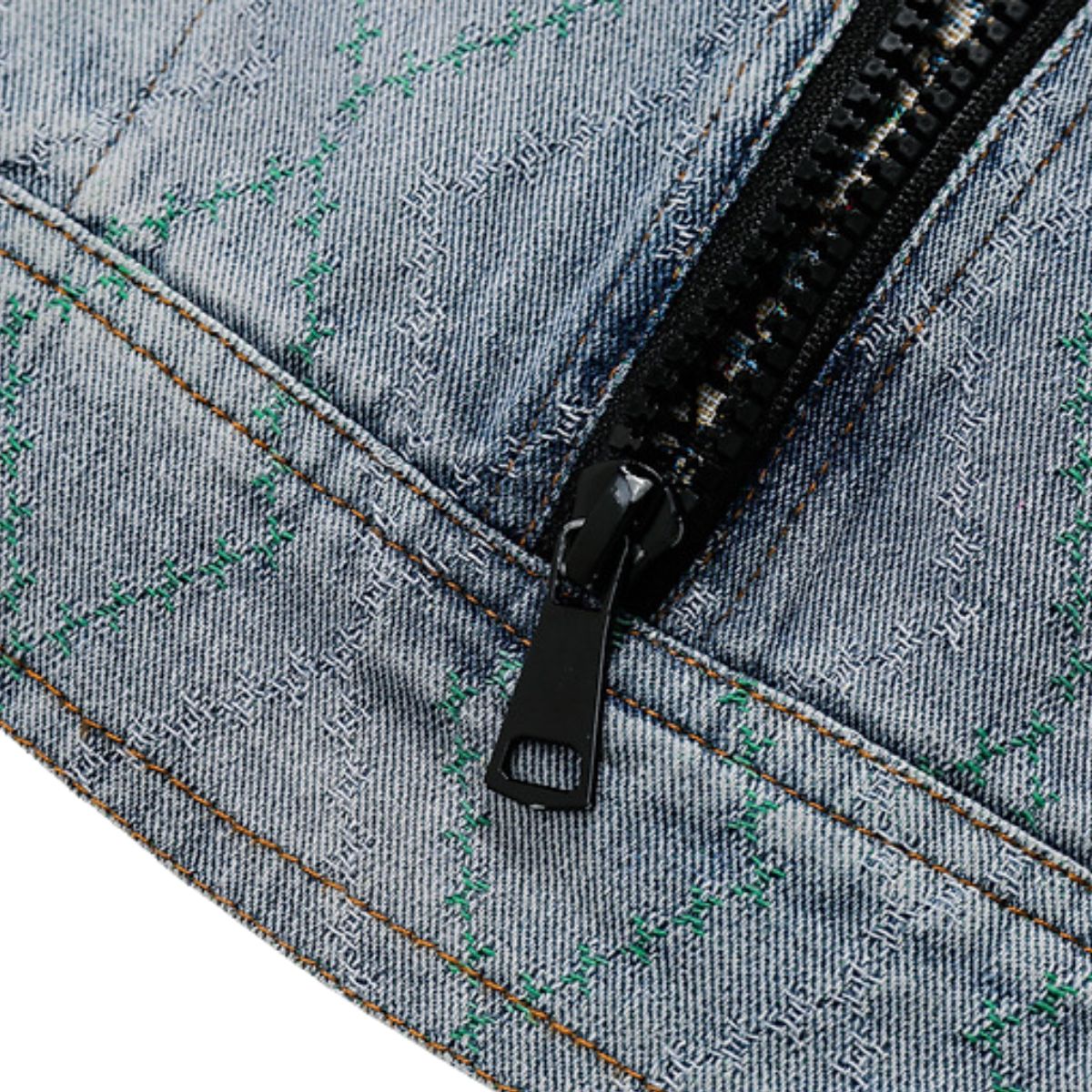 Zipper Design Chinese Ethnic Pattern Patchwork Denim Jacket