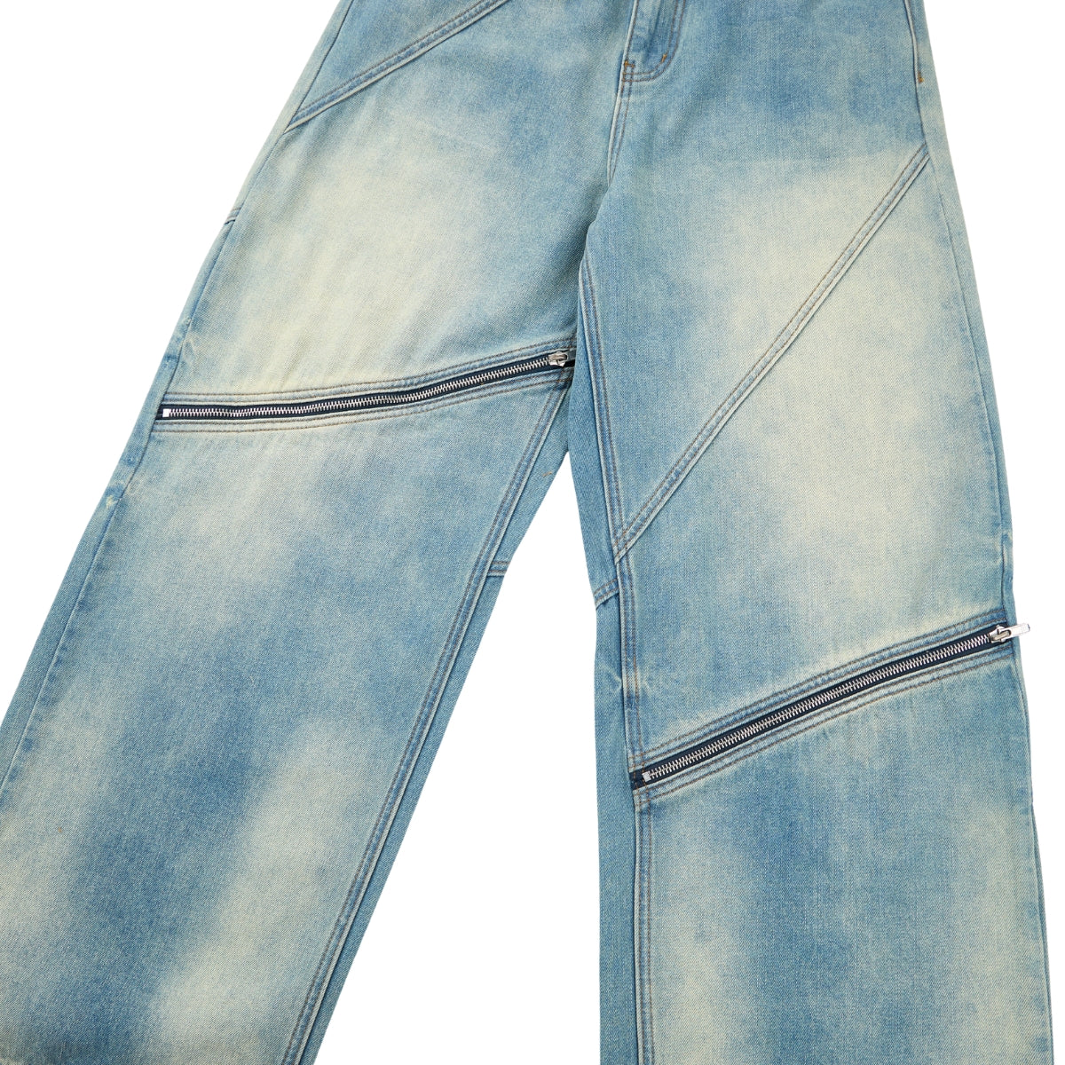 Retro Distressed Washed Baggy Patchwork Zip-Detail Relaxed Straight Fit Denim Jeans