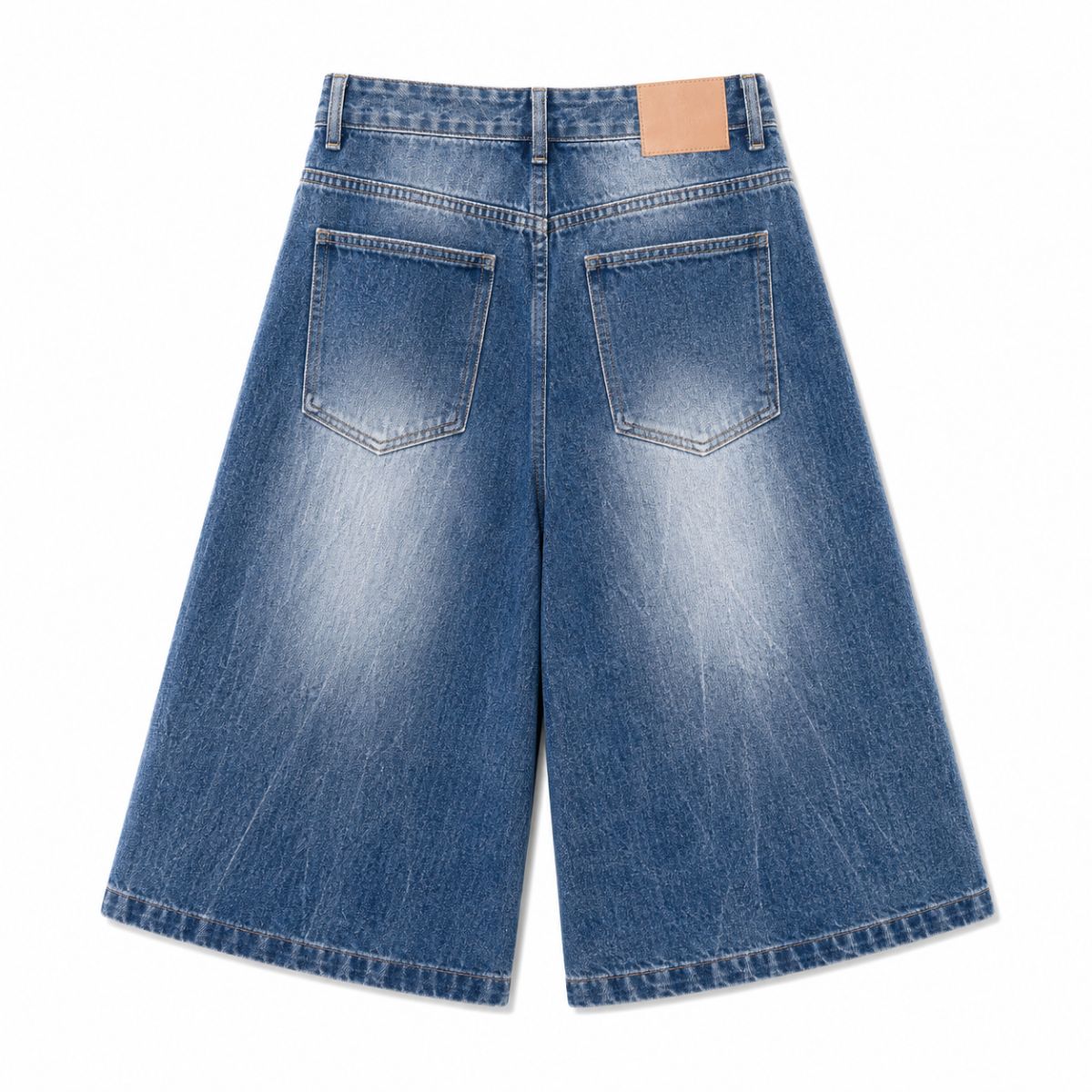Vintage Scratched Wash Wide Leg Denim Shorts