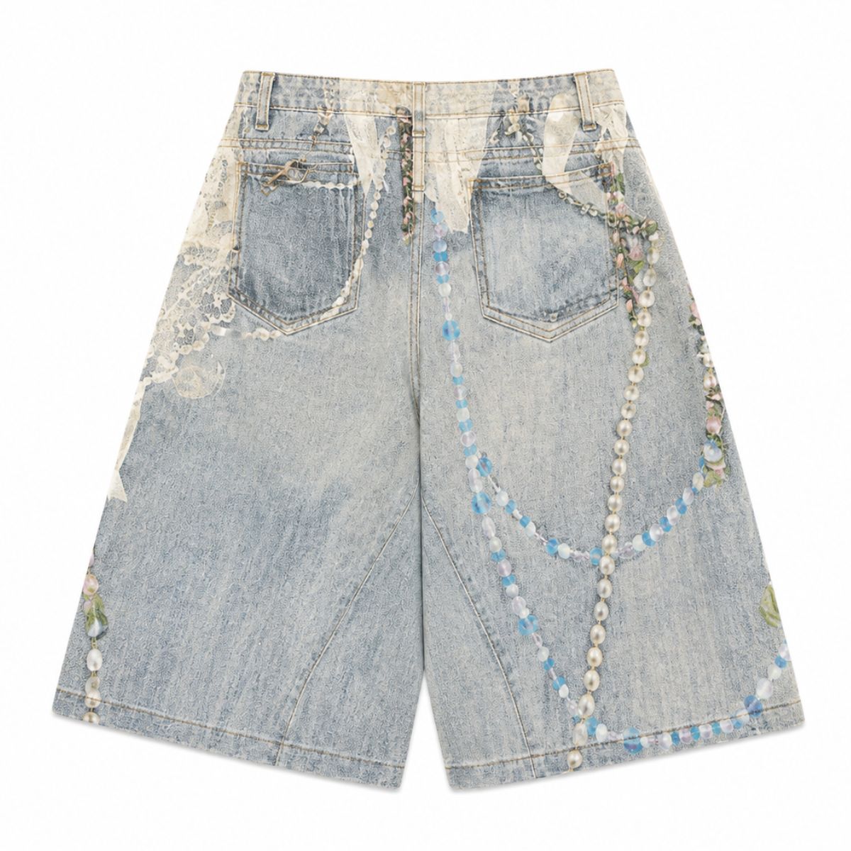Vintage Graphic Print Relaxed Fit Denim Capri Shorts