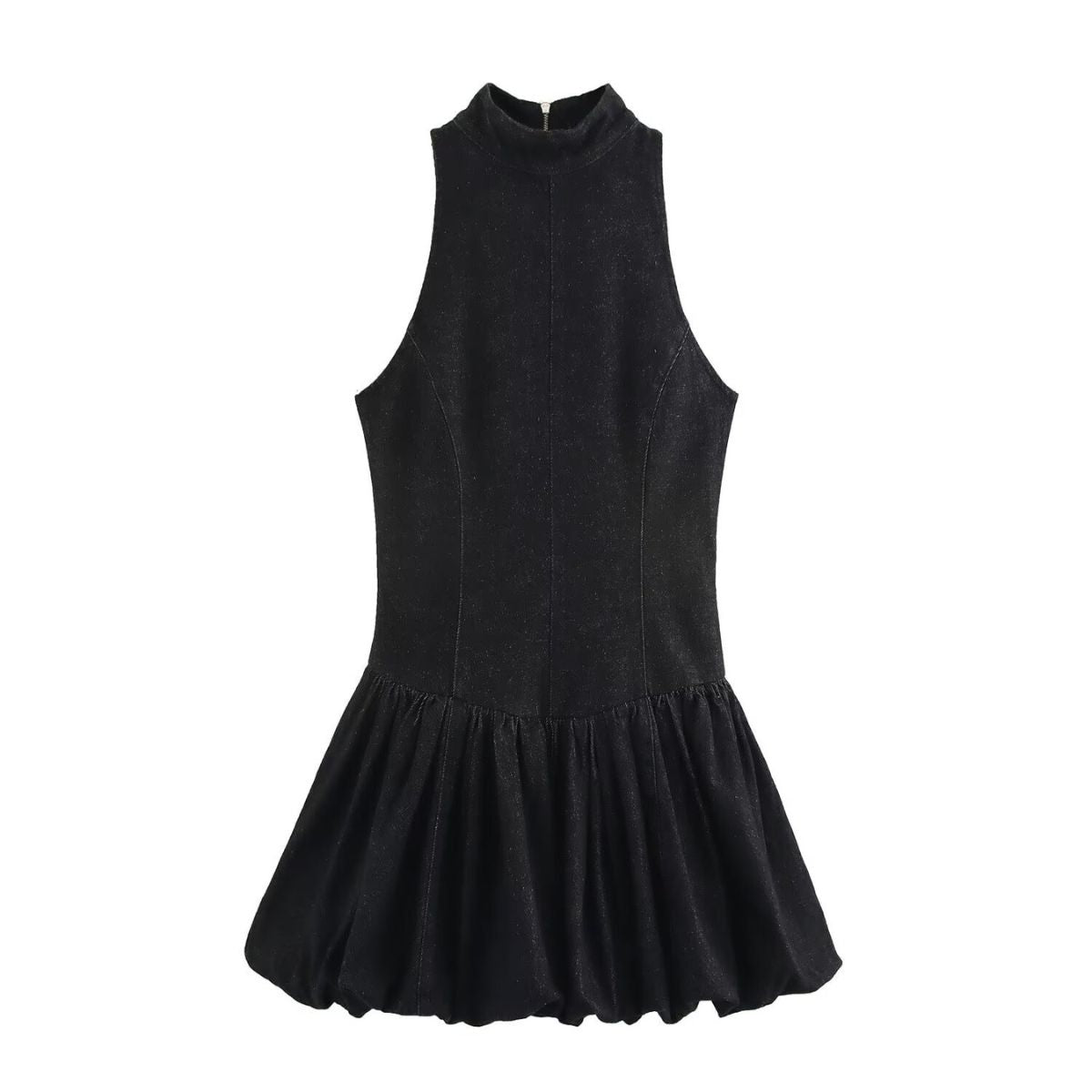 Black Sleeveless High-Neck Ruffled Mini Dress