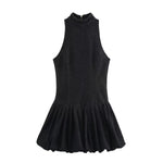 Black Sleeveless High-Neck Ruffled Mini Dress