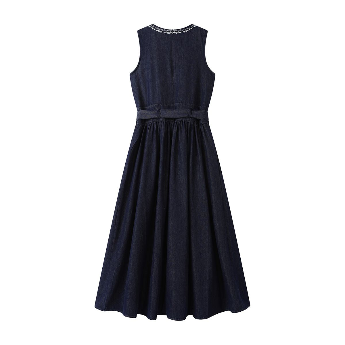 Embroidery Sleeveless Belted Denim Midi Dress